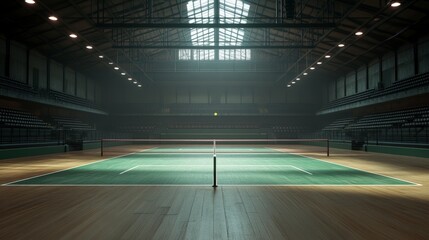 Fototapeta premium A spacious indoor tennis court with natural light and empty seating.