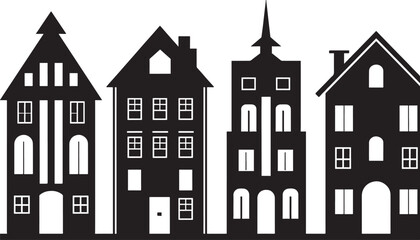 set of houses silhouette isolated on white background