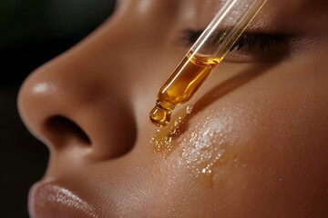a hand holding a luxurious face oil, with the dropper releasing a golden drop onto the skin