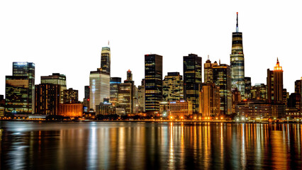 New York City skyline at night with reflections on the water, iconic urban scene