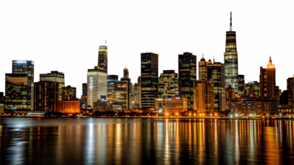 New York City skyline at night with reflections on the water, iconic urban scene