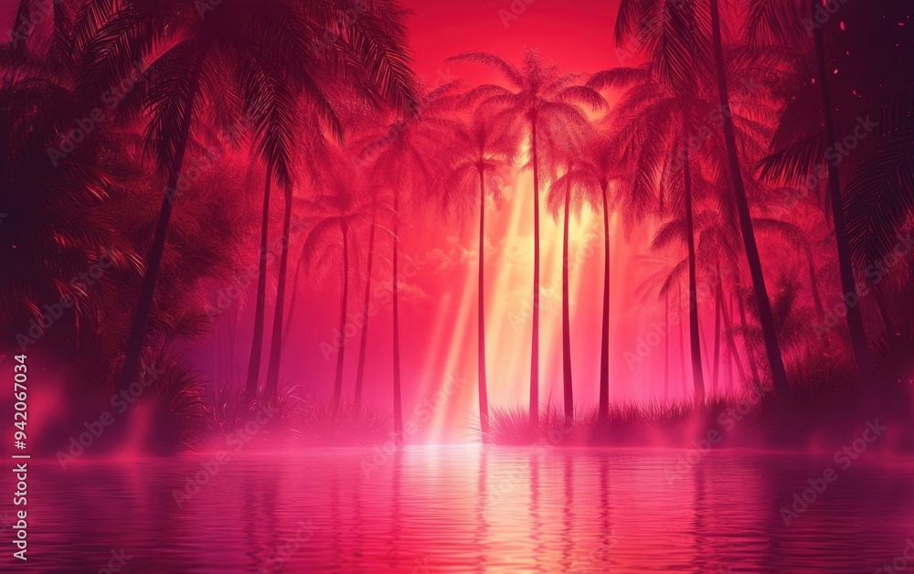 Poster abstract neon background with palm trees and water, red light rays generative ai