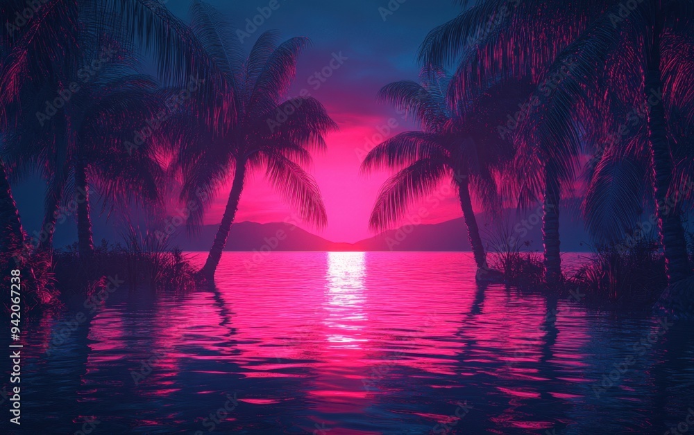 Poster a synthwave digital background with neon lines and palm trees the glowing red light illuminates the 