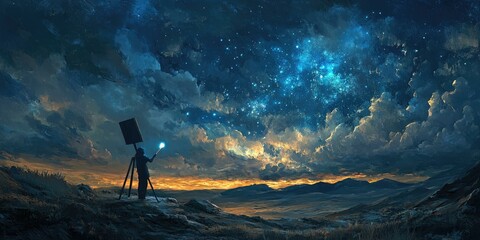 Silhouette of artist painting starry sky.