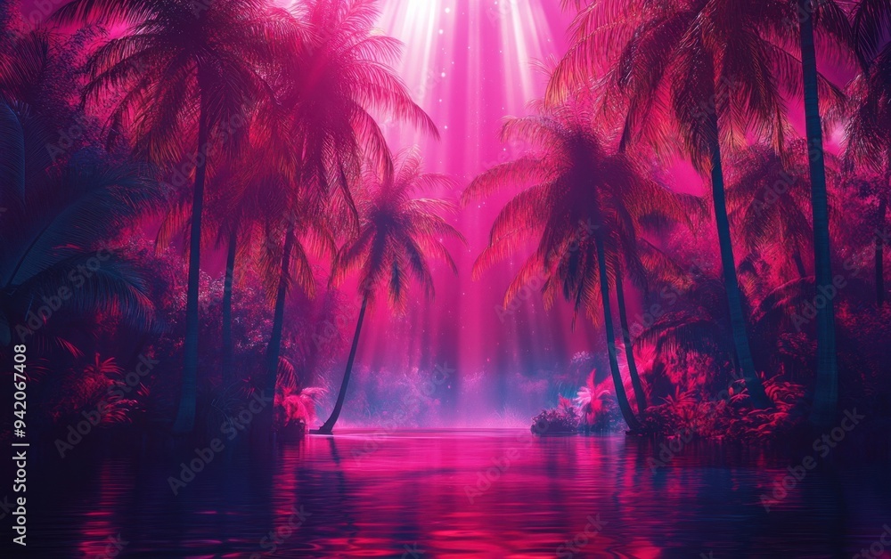 Poster abstract neon background with palm trees and water, red light rays generative ai