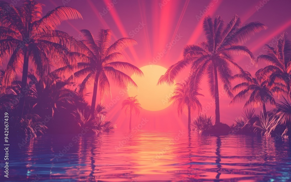 Poster a retro neon synthwave background with palm trees, water, and red light rays generative ai