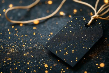 Close-up of a black gift tag with gold accents and a gold string on a dark, festive background