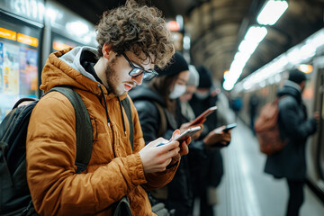 A man in a brown jacket is looking at his phone while waiting for the train