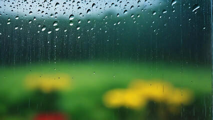 Raindrops on window, rainy day via a window showing water falling off glass against a hazy, colorful background