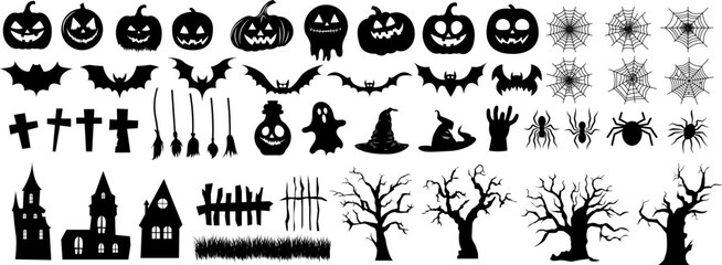 Large set of Halloween silhouettes. Hand drawn Halloween decorations elements: pumpkins with carved faces, cobwebs, spiders, bats, old houses with ghosts, grave crosses, old twisted trees, etc..