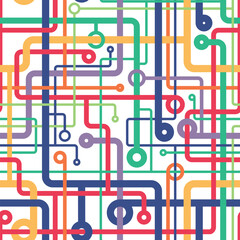 Abstract geometric composition with multicolored intersecting lines in a metro map style on a white background. Connection concept. Seamless repeating pattern. Vector illustration.