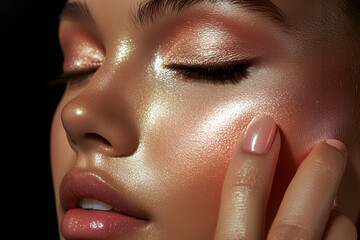a hand applying highlighter to the cheekbone, with the shimmery finish catching the light