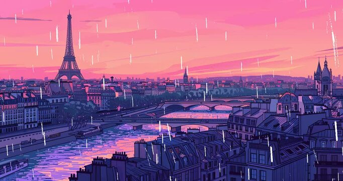 panorama of paris landscape, rainy day, rain, soft pastel colors pink purple, panoramic cartoon, comic book illustration, digital painting france music video motion graphics, eiffel tower 2d animation