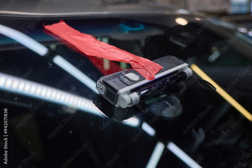 Poster expertly repairing a windshield utilizing precision tools in an auto service workshop
