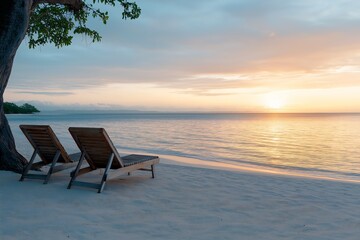 two lounge chairs sitting beach next tree trapped hedonic treadmill dressed white robes jamaican vibe during table imagining blissful fate gorgeous view cottage shaded perfect