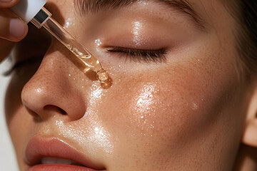 a hand applying a facial serum with a dropper, with focus on the glossy liquid and the skin’s absorption