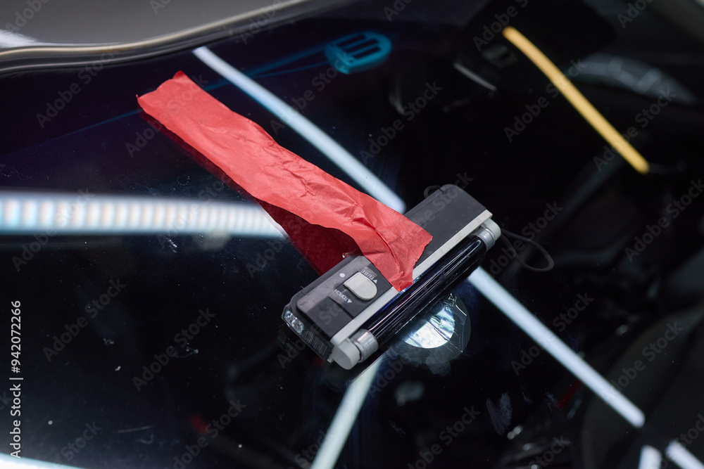 Poster expertly repairing a windshield utilizing precision tools in an auto service workshop