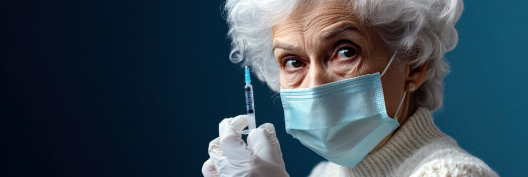 Elderly gray-haired woman in mask with syringe. Horizontal banner. National Influenza Vaccination Week. Immunization Awareness Month. Immunization and vaccination. Copy space. World patient safety day