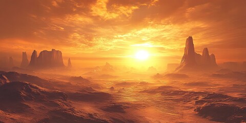 Orange sky, distant mountains, and a hazy sunset.