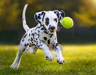 cute dalmatian dog puppy jumping catch tennis ball dalmatian puppy catching tennis ball
