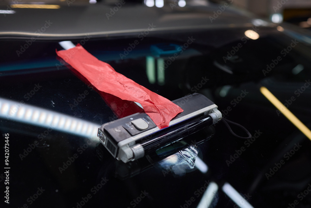 Poster expertly repairing a windshield utilizing precision tools in an auto service workshop
