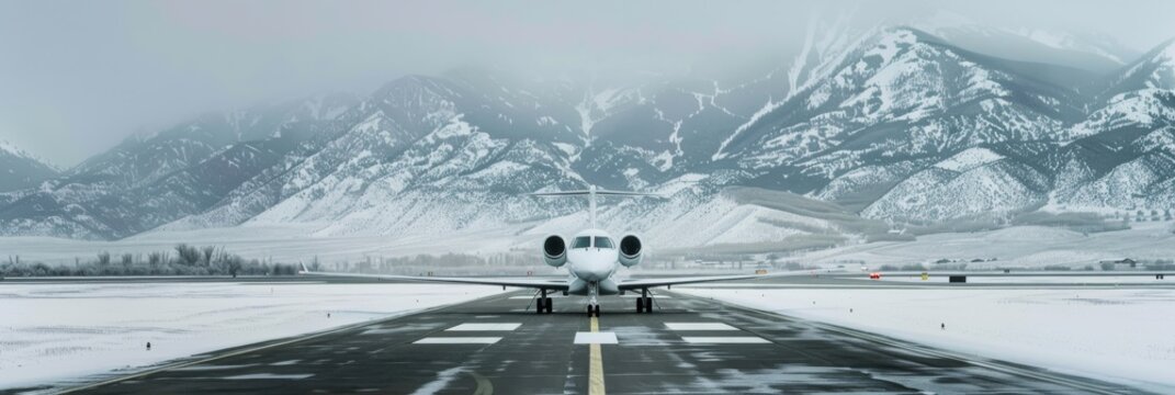Indulge in the tranquility of a winter sanctuary nestled among snowcapped mountains with a private airfield, perfect for a serene vacation and outdoor pursuits away from city bustle