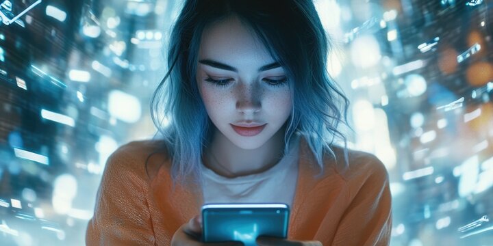 High-Tech Woman Engrossed in Phone