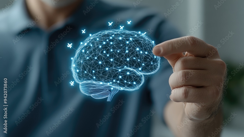 Poster a man reaches out to touch a digital depiction of an ai brain surrounded by checkmarks and x's, illu