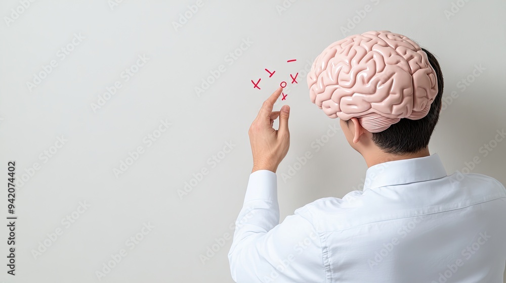 Poster a man engages with a conceptual ai brain, highlighting choices and decisions with floating checkmark