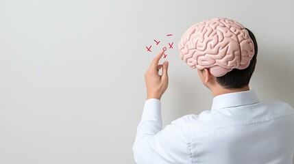 A man engages with a conceptual AI brain, highlighting choices and decisions with floating checkmarks and X's, set against a neutral grey backdrop