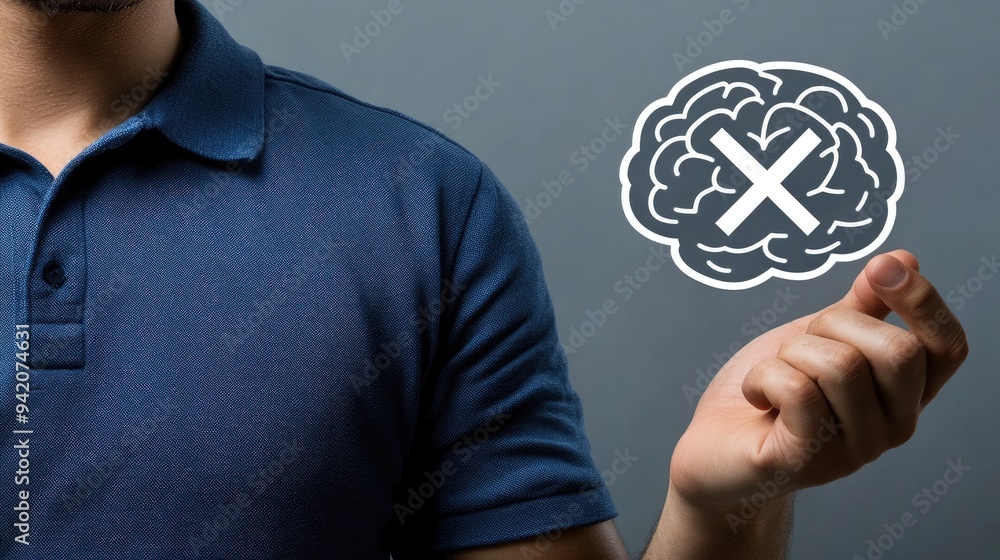 Poster a man reaches out to a floating digital brain icon marked with a checkmark and x sign, set in a high