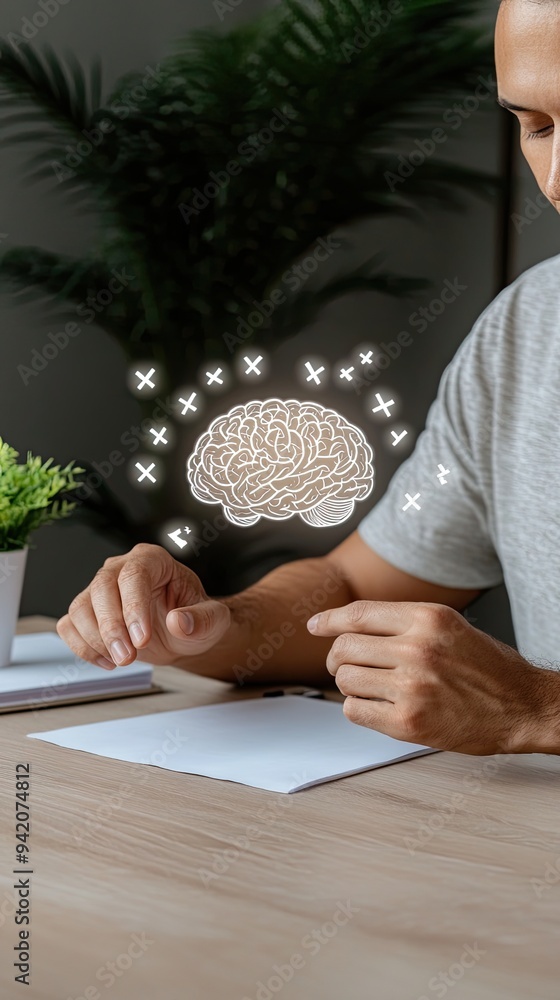 Aufkleber a man engages with a brain icon on a virtual screen in an office, assessing concepts as checkmarks a