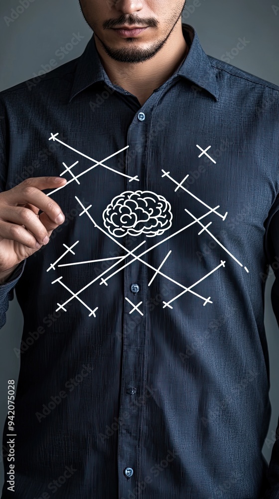 Poster in an office setting, a man touches a virtual brain icon on a screen with floating checkmarks and x'