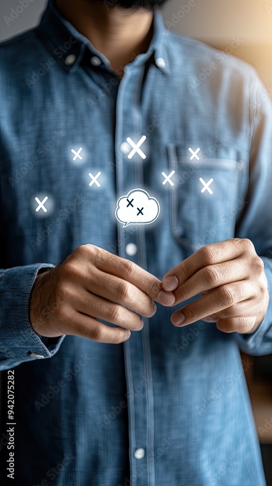 Poster a man engages with a brain icon displayed on a virtual screen while checkmarks and x's float around 