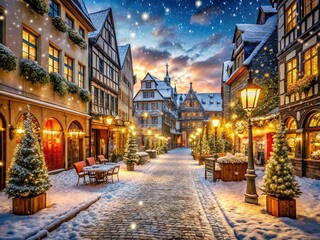 Fototapeta premium Snowflakes gently fall on festive cobblestone streets lined with twinkling Christmas markets, ornate lanterns, and vibrant festive decorations in a charming European winter wonderland scene.