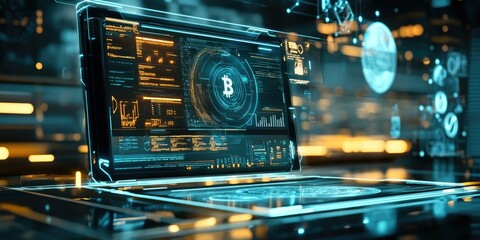 Fototapeta premium Futuristic laptop with Bitcoin symbol on screen.