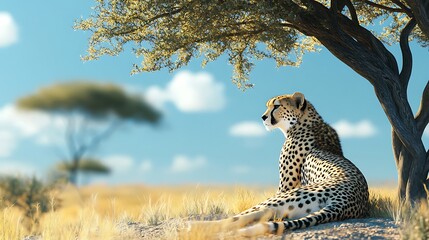 A cheetah resting under the shade of an acacia tree in the African savannah.