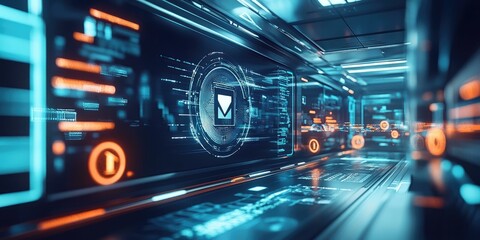 Obraz premium Futuristic corridor with digital displays.