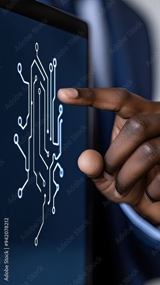 Poster a man raises one finger towards a digital security icon, emphasizing the importance of cybersecurity