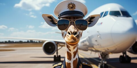 A giraffe pilot wearing sunglasses and a uniform. © Murda