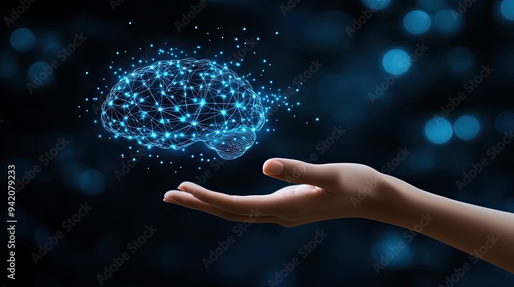Poster a hand reaches out towards a floating digital brain network, representing the intersection of techno