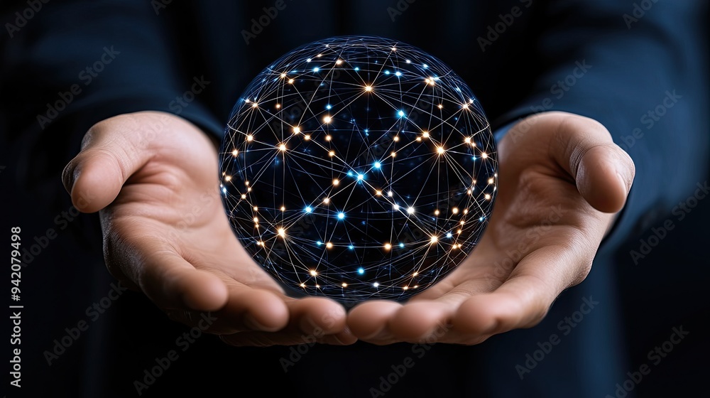 Poster a man extends his hands forward, displaying a digital sphere made of interconnected dots and lines t