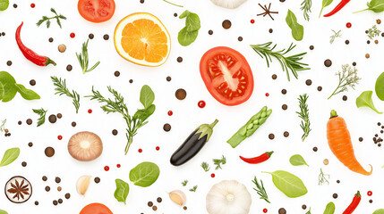 Healthy vegetables, herbs and spices, seamless repeating background pattern
