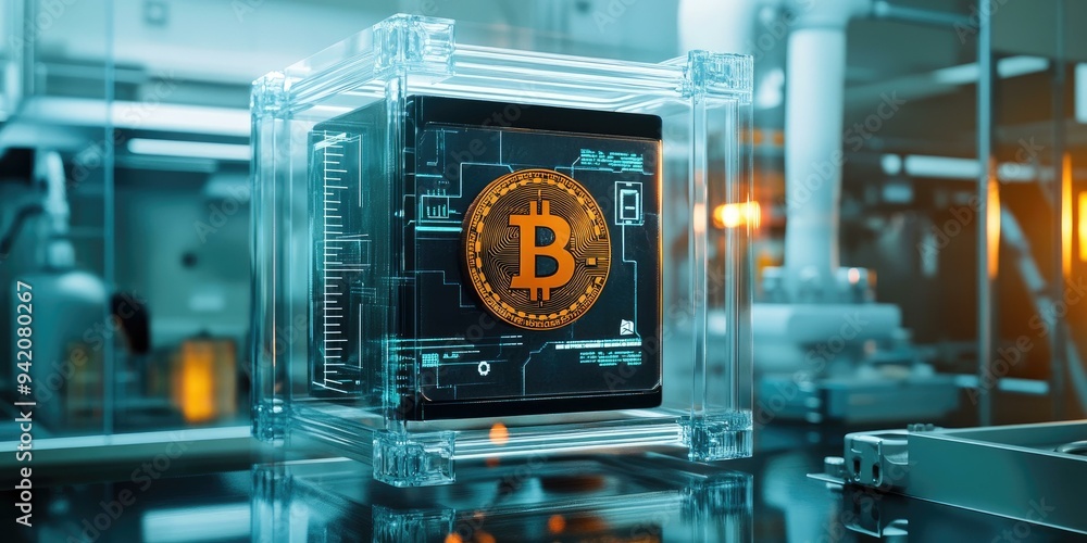 Poster bitcoin in a transparent cube.