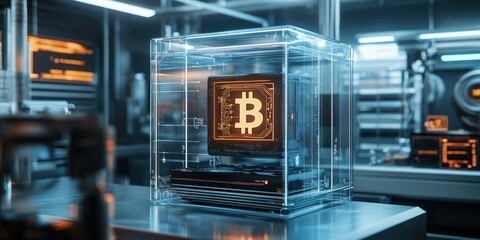 Obraz premium A Bitcoin inside a glass box.