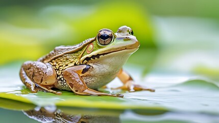 Obraz premium A close-up of a California red-legged frog resting on a lily pad in a serene pond.