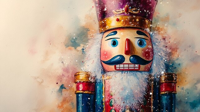 Whimsical Watercolor Nutcracker Illustration with Vivid Colors on Soft Background for Festive Design, Copy Space Included