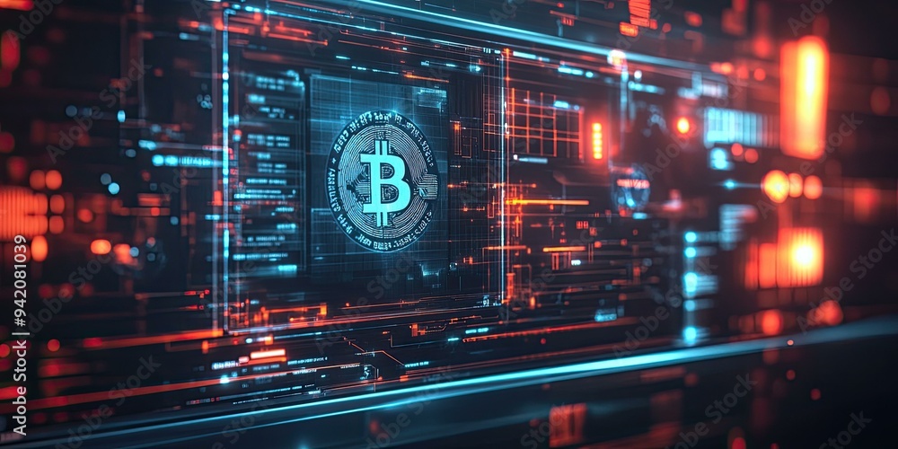 Poster bitcoin symbol on digital interface with red and blue lights.