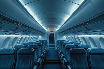 Fototapeta premium Empty airplane cabin with blue seats. Perfect for illustrating travel, transportation, or a lack of passengers.