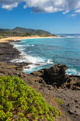 Beautiful View of Halona Beach Cove and Wawamalu Beach Park from Halona Blowhole Lookout, Hawai